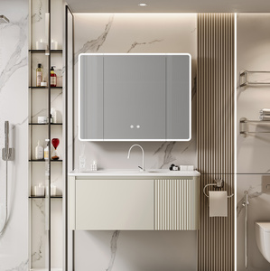 <span class=keywords><strong>Meuble</strong></span>-lavabo haut de gamme en bois massif multicouche de style italien avec porte cannelée, miroir LED intelligent et armoire murale intégrée - Product Image 2