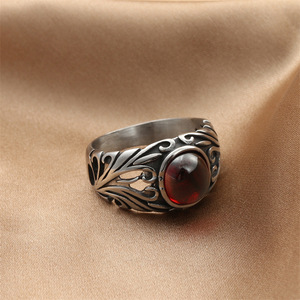 European American Style <b>Titanium</b> Steel Ruby <b>Ring</b> Silver Men's Retro Punk Flower Bezel Setting Gift Jewelry 280623 - Product Image 3