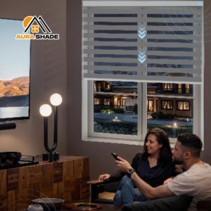 Cơ giới tắm Vanity Zebra rèm ngang cửa sổ đường sắt hàng đầu với vải đồng bằng kỹ thuật được xây dựng trong cài đặt - Product Image 6