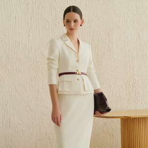 Women's Cream Wool Blend Solid Long Winter <b>Skirt</b> Suit Blazer Three Quarter Sleeve Single Button V-neck Hand Embroidery - Product Image 1
