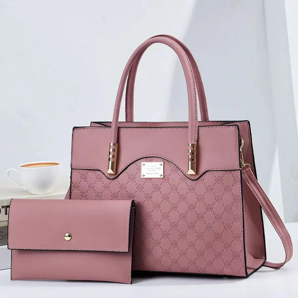 2023 rose pattern large capacity women handbags big size 2 pieces set tote bags with small wallets