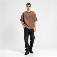 T-shirt Mineral Wash pour homme, col rond, manches courtes, épaules tombantes, en coton peigné épais, coupe ample, uni, col côtelé