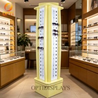 Floor Standing Rotating Sunglasses Display Tower, Wooden Eyewear Display Rack with Lockable Cabinet for Optical Store & Mall