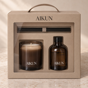 Aikun 100ML Tan Box, Ensemble diffuseur à bâtonnets et bougie, en pot en verre ambré, avec impression de logo, parfum au choix, longue durée, faible MOQ, réponse rapide, pour la maison et les boutiques - Product Image 2