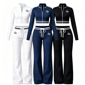 Completo da donna 2 pezzi 2026: Giacca crop con zip e pantaloni a zampa con coulisse, ideale per l'autunno - Product Image 1