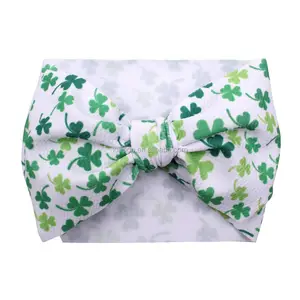 Ready To Ship DIY Hair Accessories 7" Bow Headwrap St Patricks Day Green Shamrock Clover Big Bow Stretchy Headwrap headband