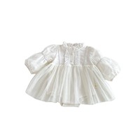 Robe barboteuse en tulle style cour française pour bébé fille, manches bouffantes, col à volants, pour 100 jours, 1er anniversaire, tenue de princesse