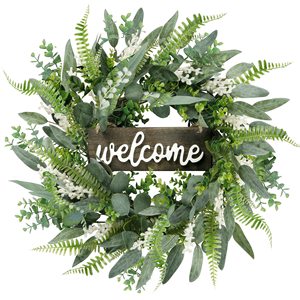 Guirlande de bienvenue 45 cm en eucalyptus et fougères artificielles, décoration de porte pour le printemps et l'été, maison, mariage, extérieur - Product Image 1