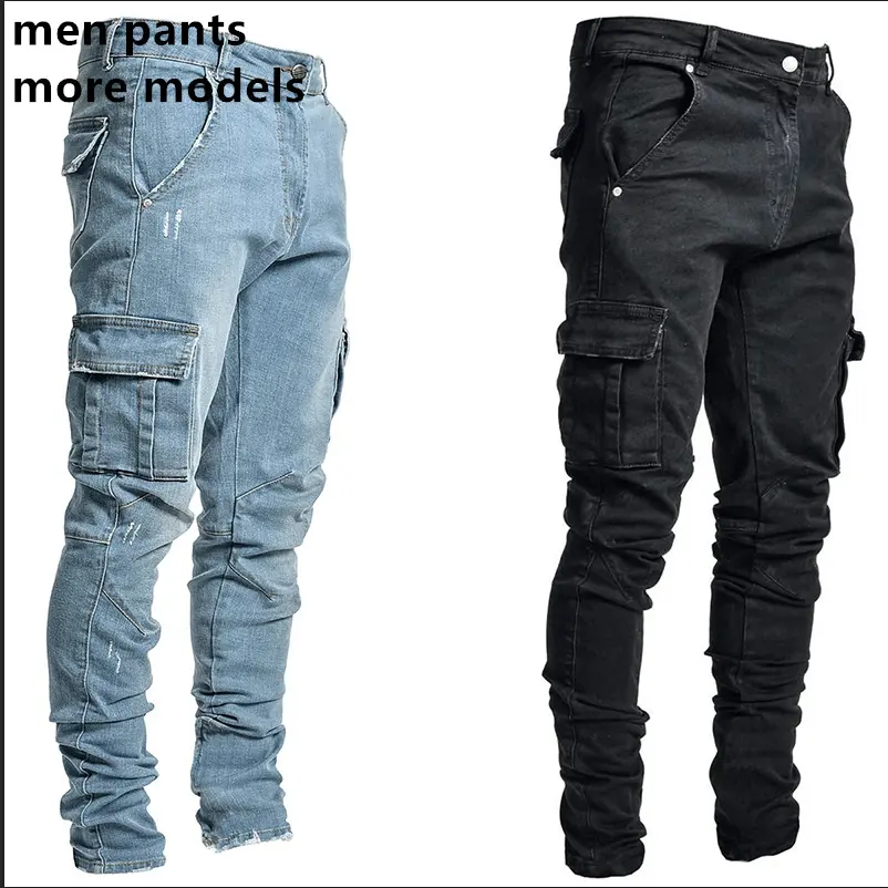 Customization fashion men's ripped trousers zip off cargo pants hip-hop popular logo pants joggers set black men jeans denim