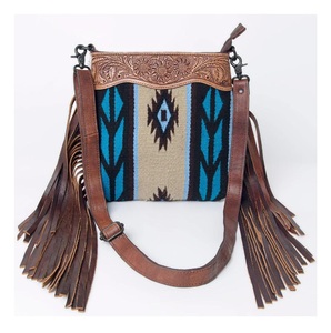 Premium Quality Wholesale Western Crossbody <b>Bag</b> with <b>Woven</b> Wool Saddle Blanket Fabric and Hand Tooled Floral <b>Leather</b> Strap - Product Image 5