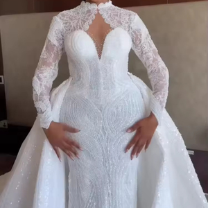 S1434Y 2026 Nuovo Abito da Sposa a Sirena Scintillante con Perline e Pizzo, con Strascico Staccabile e <span class=keywords><strong>Maniche</strong></span> <span class=keywords><strong>Lunghe</strong></span>, <span class=keywords><strong>Vestito</strong></span> da Sposa Reversibile - Product Image 1