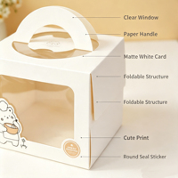 Boîte d'emballage pour gâteau personnalisée, cadeau d'anniversaire, boîte à gâteau carrée biodégradable de 6 pouces avec fenêtre transparente et poignée