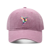 Casquette de baseball unisexe adulte six panneaux réglable en polyester/coton, style délavé, couleur unie, motif colibris éclaboussés, 3D, transfrontalière