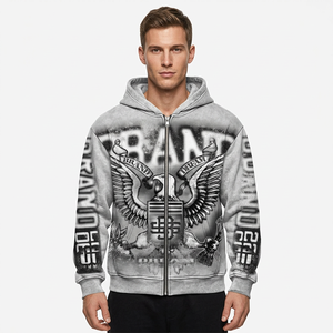Sweat-shirt à capuche zippé pour homme, imprimé aigle gris, impression numérique, streetwear hip-hop, service OEM - Product Image 6