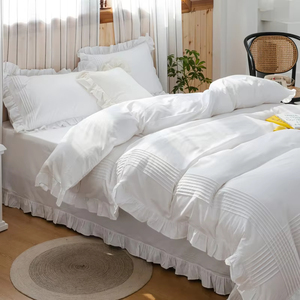 Sábana Plana Blanca Lisa de Princesa Coreana, Sábanas de Algodón <span class=keywords><strong>100</strong></span>, Hoja de Loto con Volantes, Sábana Plana para Adultos, Sin Fundas de Almohada - Product Image 4