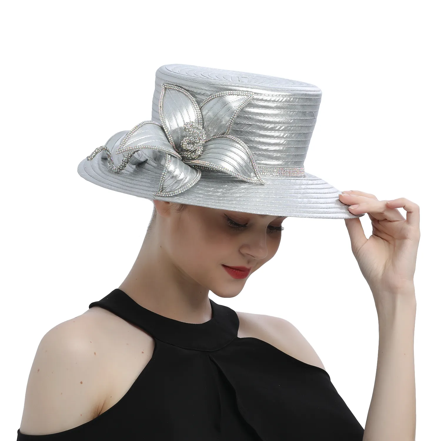 Vendita calda cappelli da chiesa partito Fascinator Kentucky Derby cappelli banchetto panno di raso fiore cappelli da sole per le donne matrimonio