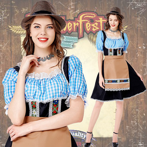 Dirndl Dress Blue Checkered Apron Hat Set Women's Beer Festival Costume M-XL Spring 2025 - Product Image 1