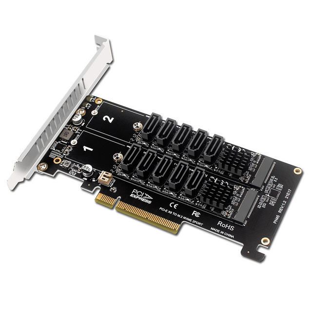 Dual NVME RAID PCI-EX8 Split Card to SATA10-port Adapter Card JMB585 Chip