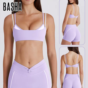 Completo Sportivo Due Pezzi con Strisce Bianche a Contrasto: Leggings e Pantaloncini con Reggiseno Sportivo per Yoga, Allenamento e Fitness Femminile - Product Image 1