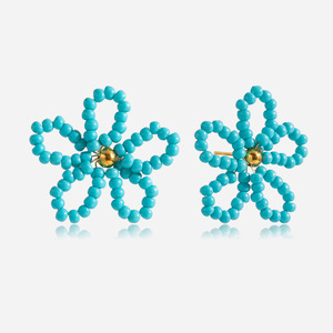 Flower Stud Earrings <b>Blue</b> <b>Beaded</b> 18K Gold Center Stainless Steel Post Gift Jewelry - Product Image 1