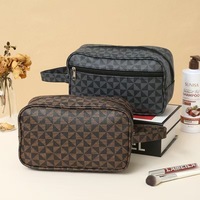 Pochette de maquillage vintage à imprimé géométrique en PU, sac de voyage portable pour cosmétiques, trousse de toilette multi-zippée avec sangle de transport