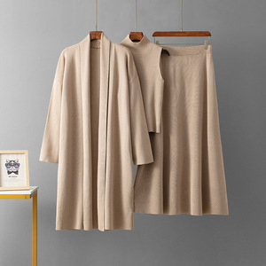 Ensembles 3 Pièces Personnalisables Femme : Cardigan Tricoté, Jupe Trapèze, Gilet Élégant Sans Manches, Robe Tricotée Décontractée Hiver Longueur Genou - Product Image 1