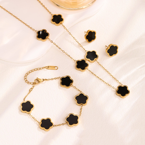 סט תכשיטים 2026 אופנה חדשה, צמיד, עגילים ושרשרת מפלדת אל-חלד בצורת פרח, 3 יחידות/סט, תלתן בעל חמישה עלים צבעוני, מצופה זהב 18 קראט, לנשים - Product Image 1