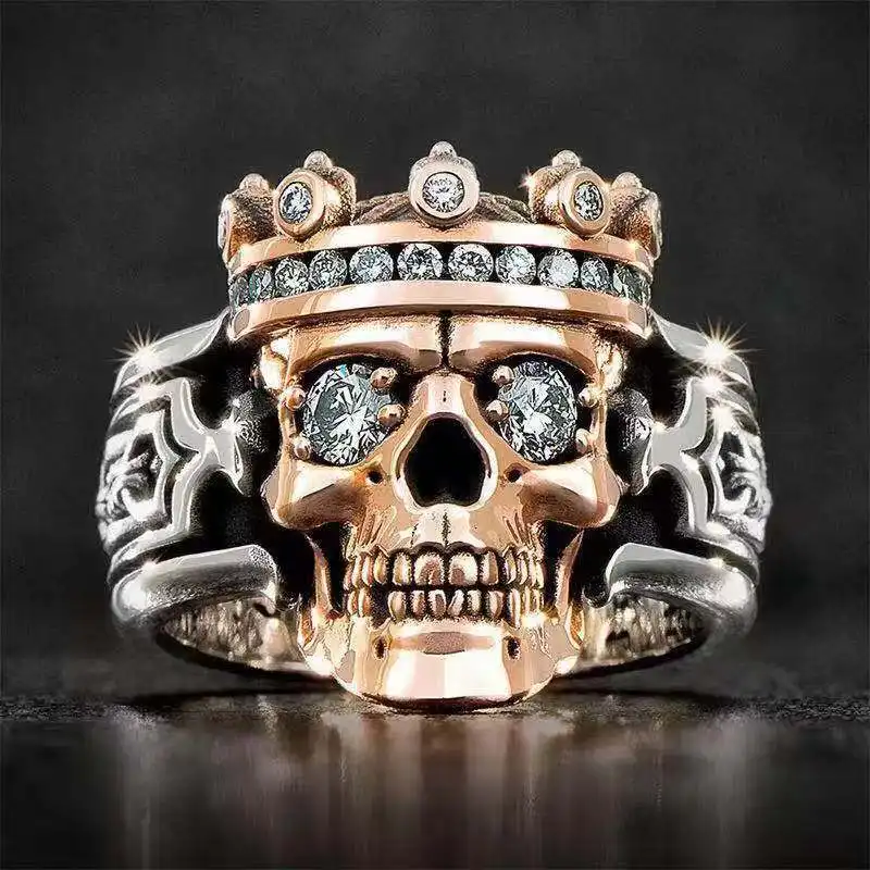 SC 2024 New Zircon Diamond Ring Punk Skull King Gold Plate Dragon Ring Jewelry Gothic Crown Pattern Skull Ring for Men