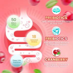 Gommes probiotiques à la canneberge OEM 5 milliards d'UFC pour femmes, santé digestive féminine, compléments alimentaires probiotiques en gommes vitaminées - Product Image 2