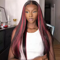Produits Phares 2024 : Perruque Lace Front Noire et Rouge avec Mèches, Sans Colle, Fermeture HD Complète, Cheveux Indiens Bruts Alignés dans le Sens des Cuticules
