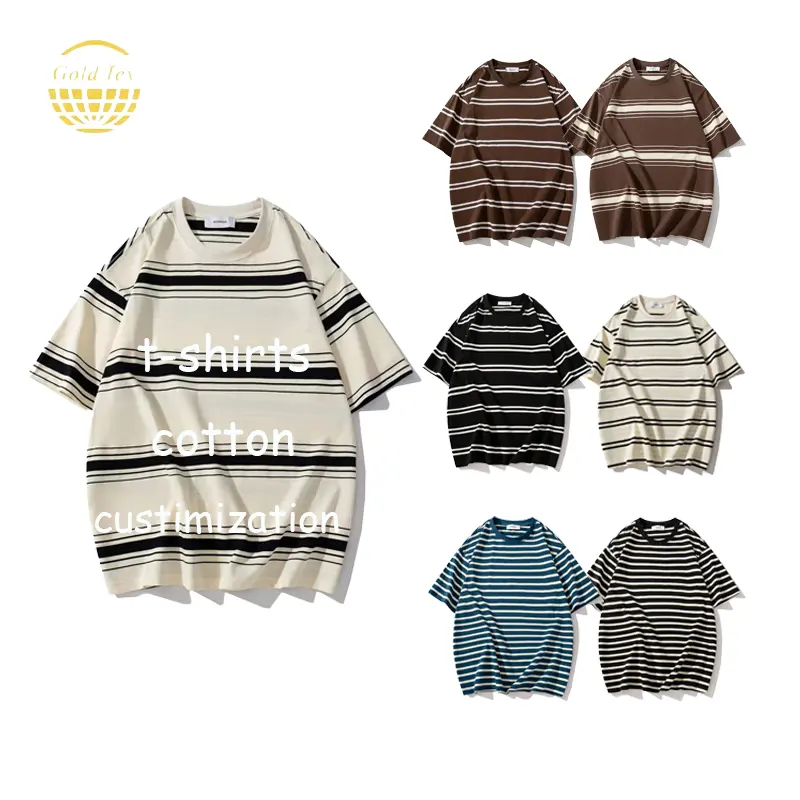 Cotton 240gsm Oversized Thick Vintage Round Neck Striped T-shirts For Men