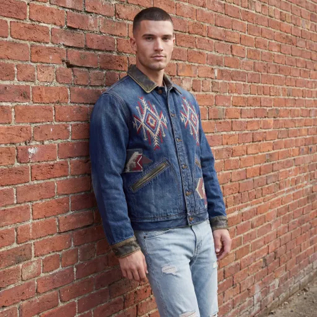 OEM ODM Ethnic Style Blue Embroidered Denim Jacket Stand Breathable Patchwork Loose Fit Vintage Casual Versatile Streetwear