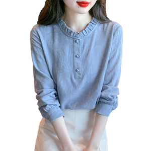 Blusa de punto de algodón de alta calidad para mujer, estilo coreano, transpirable, de manga larga, popular, informal, para oficina, color liso. - Product Image 1