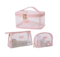 Emballage de toilette de voyage résistant à l'eau avec logo personnalisé Pochette cosmétique rose Sacs de maquillage en maille PVC transparent