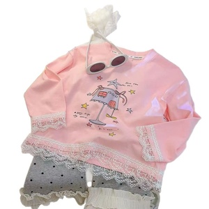 T-shirt Primaverile 2025 per Bambine in Stile Coreano <span class=keywords><strong>con</strong></span> Stampa, Orlo in Pizzo e Motivo Cartoon, in Puro Cotone - Product Image 5