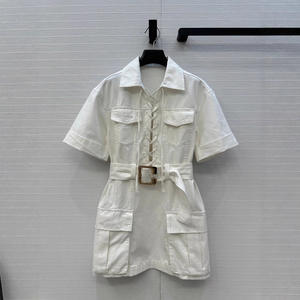 S-L थोक ग्रीष्मकालीन सरल रेट्रो बहुमुखी पोशाक के साथ एक कॉलर और क्रॉस ड्रॉस्ट्रिंग कार्गो शैली डबल पॉकेट डेनिम पोशाक - Product Image 5