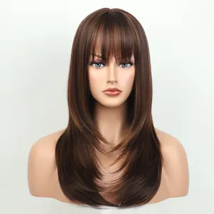 Оптовая продажа, многослойные длинные коричневые парики YIMANEILI, прямые коричневые смешанные светлые парики с челкой, натуральный синтетический парик