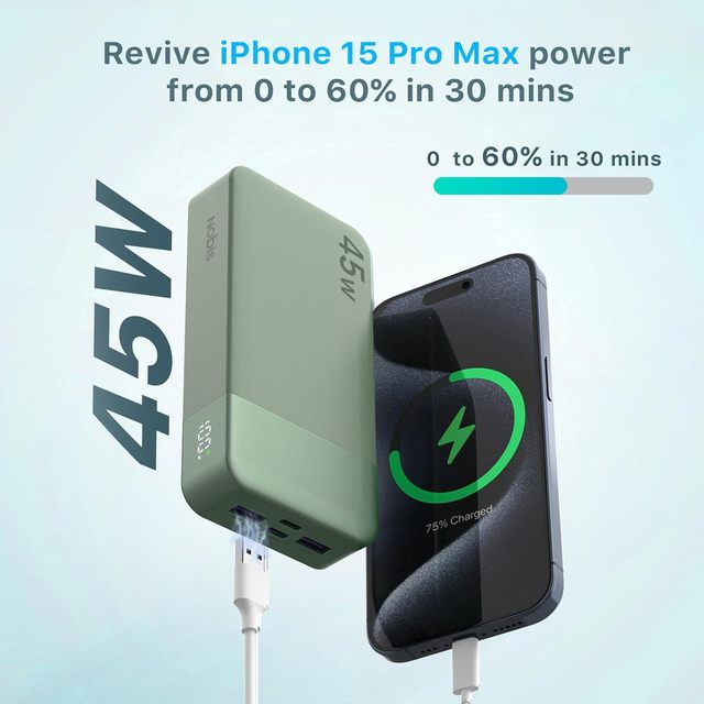 20000mAh High Capacity Power Bank with 45W PD Output 0-60% Fast Charge in 30 Mins, 4-Port Simultaneous Charging, Green Light