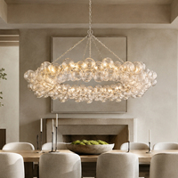 Luminaire suspendu en verre bulle multi-niveaux, sphères côtelées soufflées à la main, chaîne argentée, LED, télécommande, hauteur réglable