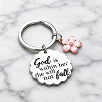 Porte-clés festonné en acier inoxydable avec citation inspirante gravée et breloque fleur rose, cadeau de foi religieuse pour femmes et amies