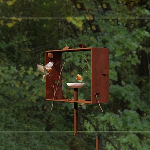 Support de mangeoire à oiseaux sur pied personnalisé, alimentation ouverte, design artistique moderne robuste en acier Corten, station d'alimentation pour oiseaux - Product Image 3