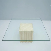 KUMUSI MEUBLES Table à thé moderne simple en travertin naturel carrée table basse de salon en verre trempé de luxe