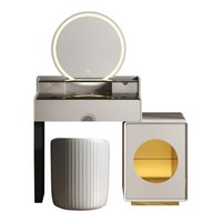 Table de maquillage moderne de luxe en bois massif gris avec miroir éclairé par LED et plateau en verre pour petite chambre, appartement ou salle à manger