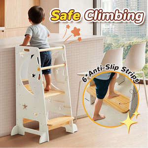 Customizable Wooden <b>Step</b> Stool For Kids Kitchen Helper High Load Capacity 60kg Adjustable Kids Kitchen Stool - Product Image 3