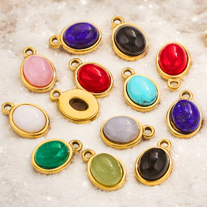 Pendentifs ovales en pierres semi-précieuses naturelles, breloques en acier inoxydable plaqué or PVD : turquoise, onyx, quartz rose pour collier, bracelet, etc. - Product Image 2