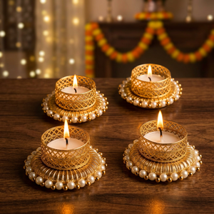 Ensemble de 4 bougeoirs artisanaux en laiton pour mariage et Diwali, écologiques, design traditionnel rond, base perlée, pour salon intérieur - Product Image 2