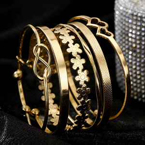 New Fashion 6pcs Gold Metal Geometric <b>Love</b> Letter Heart Tennis Open Charm Bangle Bracelet Set for Women Jewelry Punk Style - Product Image 4