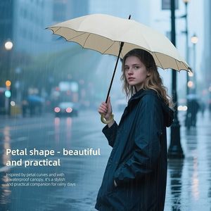 Parapluie à ouverture automatique en forme de pétale pour femme avec poignée en J, bande réfléchissante, anti-pluie, cadeau pour maman. - Product Image 2