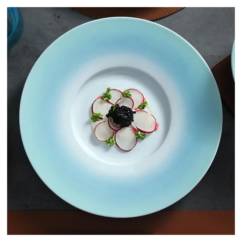 Otel restoran çanak çömlek fantezi seramik porselen sofra takımı mavi geniş ağızlı Dishplay yemek tabağı olay kiralama kiralama