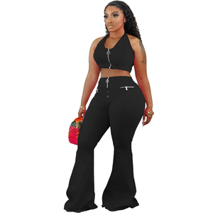 Tuta S-3XL da donna estiva tinta unita senza maniche con cerniera serbatoio ampio svasato pantaloni da motociclista più set di pantaloni due pezzi - Product Image 3